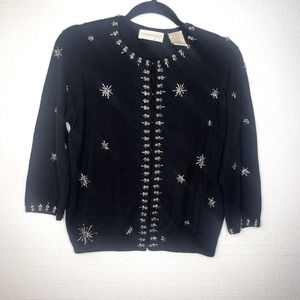 Christie & Jill Black Snowflakes Beaded Silk Blend Knit Holiday Cardigan large